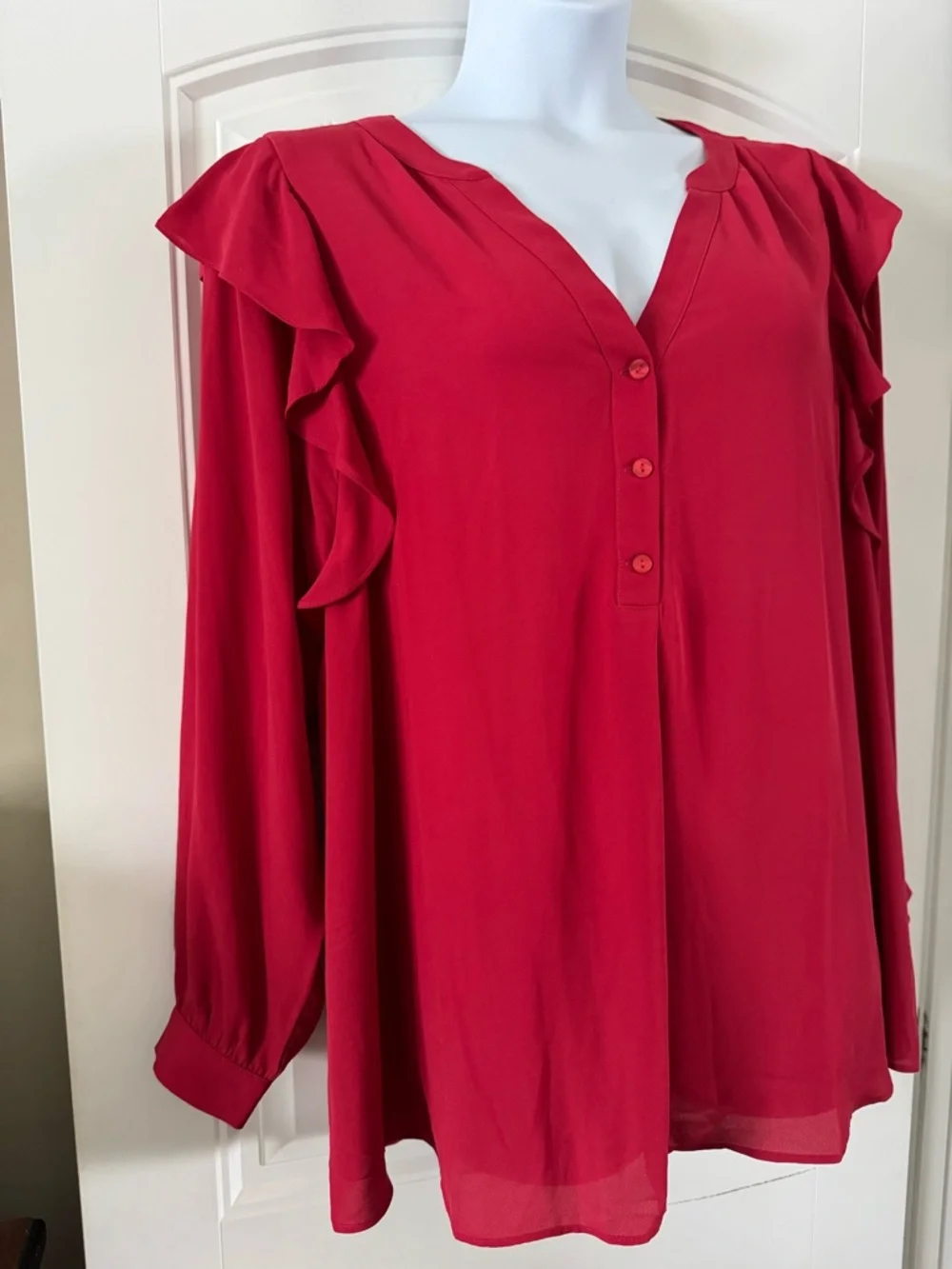 Penningtons Red Ruffle Shoulder Button V-Neck Blouse - Picture 1 of 3